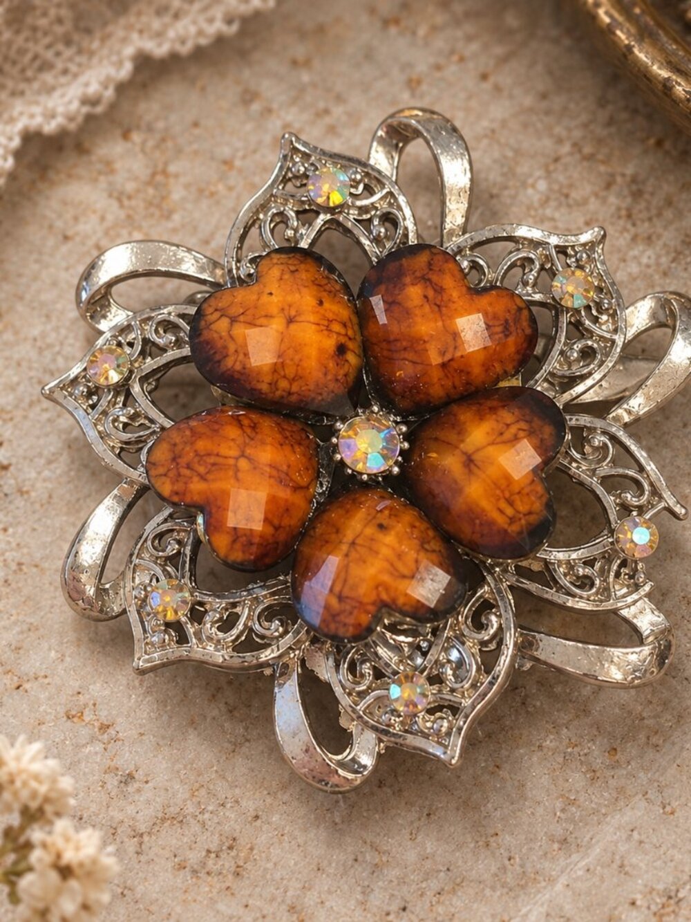 Vintage Mid-Century Silver Tone Faux Amber Crackle Heart Petal Flower Brooch Pin